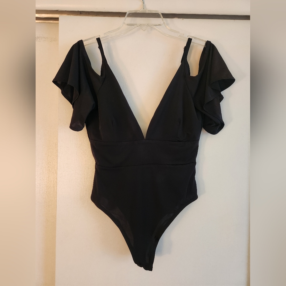 Lulu's Flutter Sleeve Cold Shoulder Plunge Bodysuit